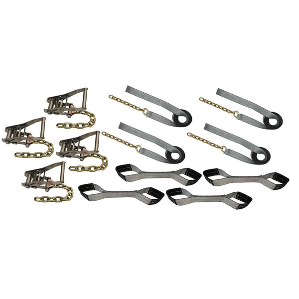 8 Point Auto Tie Down Towing Kit Short Wide Stainless Ratchets Chain End 14' Strap - Manufacturer Express
