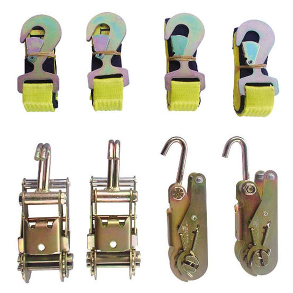 4 Point Tie Down Kit, 4 Ratchet w/Double Finger Hooks, 4 Straps w/Flat Snap - Manufacturer Express