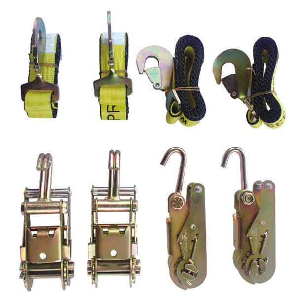 4 Point Tie Down Kit, 4 Ratchets w/Double Finger Hooks,4  Straps w/Twisted Flat Snaps - Manufacturer Express