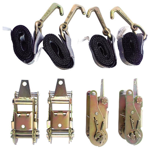 4 Point Tie Down Kit, 4 Ratchets W/ Tabs. 4 Straps W/ Mini J Hooks - Manufacturer Express