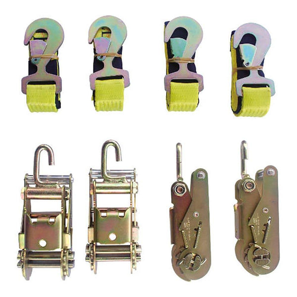 4 Point Towing Kit,  4 Ratchets 4 Side Way Hooks, 4 Straps W/Flat Snaps - Manufacturer Express