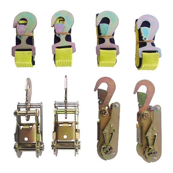 Tie Down Kit, 4 Ratchets W/Flat Snaps, 4 Straps W/Flat Snap Hooks - Manufacturer Express
