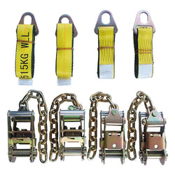 Towing 4 Point Tie Down, 4 Ratchets w/Chain Ends,  4 Keyhole Straps - Manufacturer Express