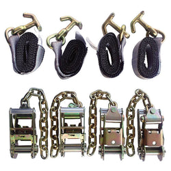 Towing 4 Point Tie Down, 4 Ratchets w/Chain Ends,  4 Straps TJ Hook - Manufacturer Express