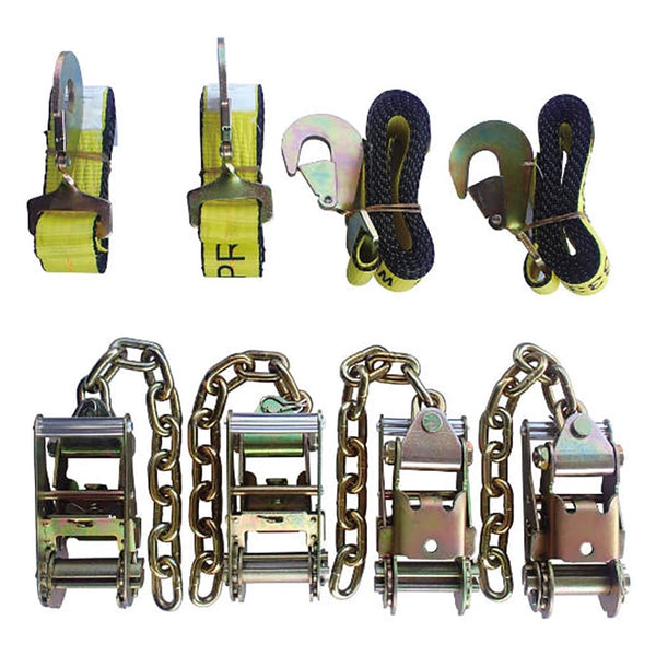 Towing 4 Point Tie Down,  4 Ratchets w/ Chain Ends, 4 Straps w/Twisted Flat Snap - Manufacturer Express